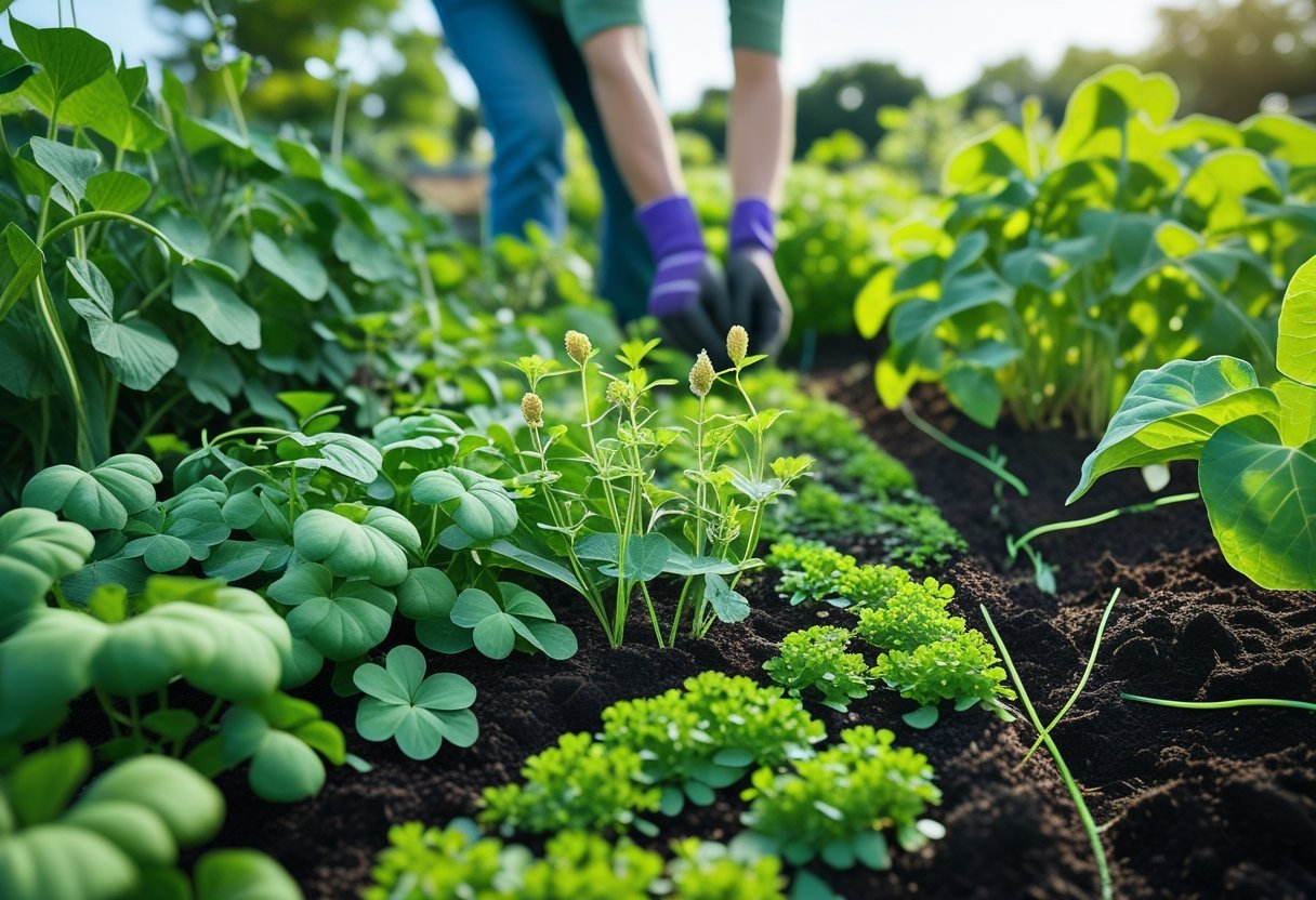 A gardener planting nitrogen-fixing plants like clover and beans in a healthy garden with rich soil under a clear sky.