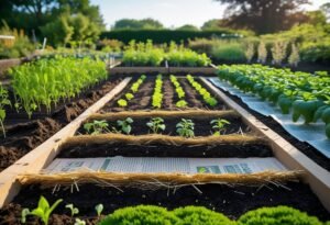 A garden bed showing layered organic materials for sheet mulching with young plants growing, surrounded by greenery and trees under a clear sky.
