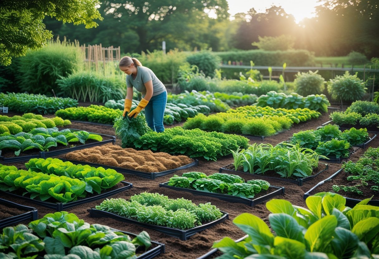 A garden with multiple beds showing different crops growing, with a person tending to the plants.