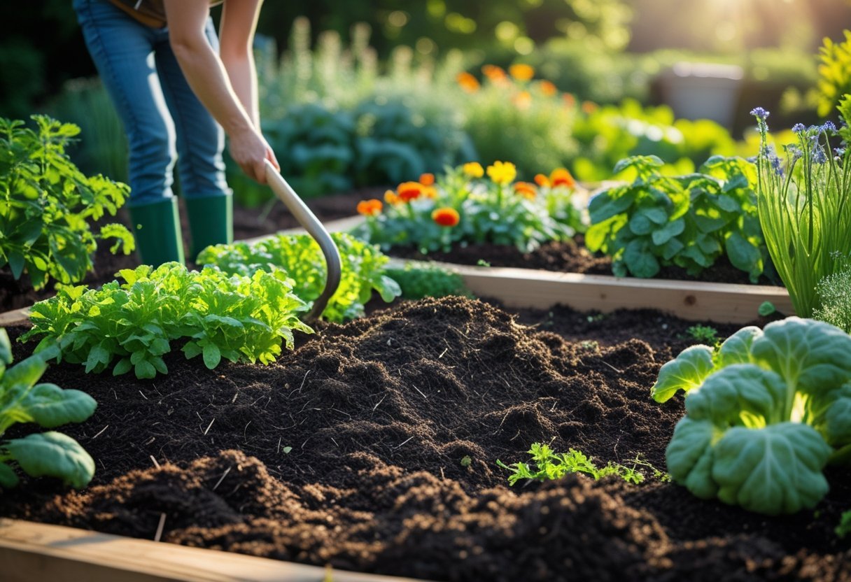 A garden bed with loose, healthy soil and green plants, with a gardener using a hand tool to gently work the soil.