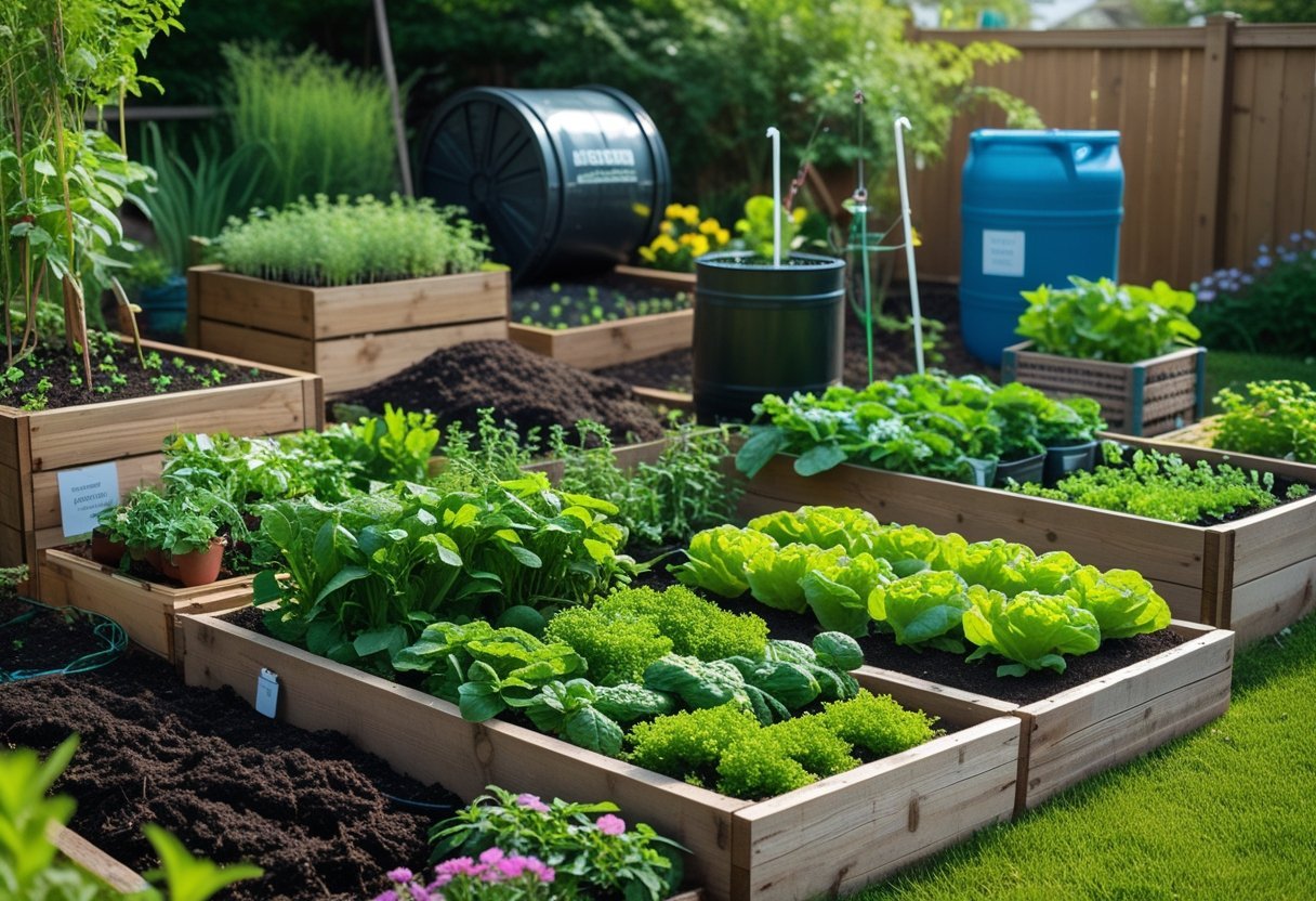 A backyard garden with raised beds, compost bins, rainwater barrel, and a person tending to plants using sustainable gardening methods.