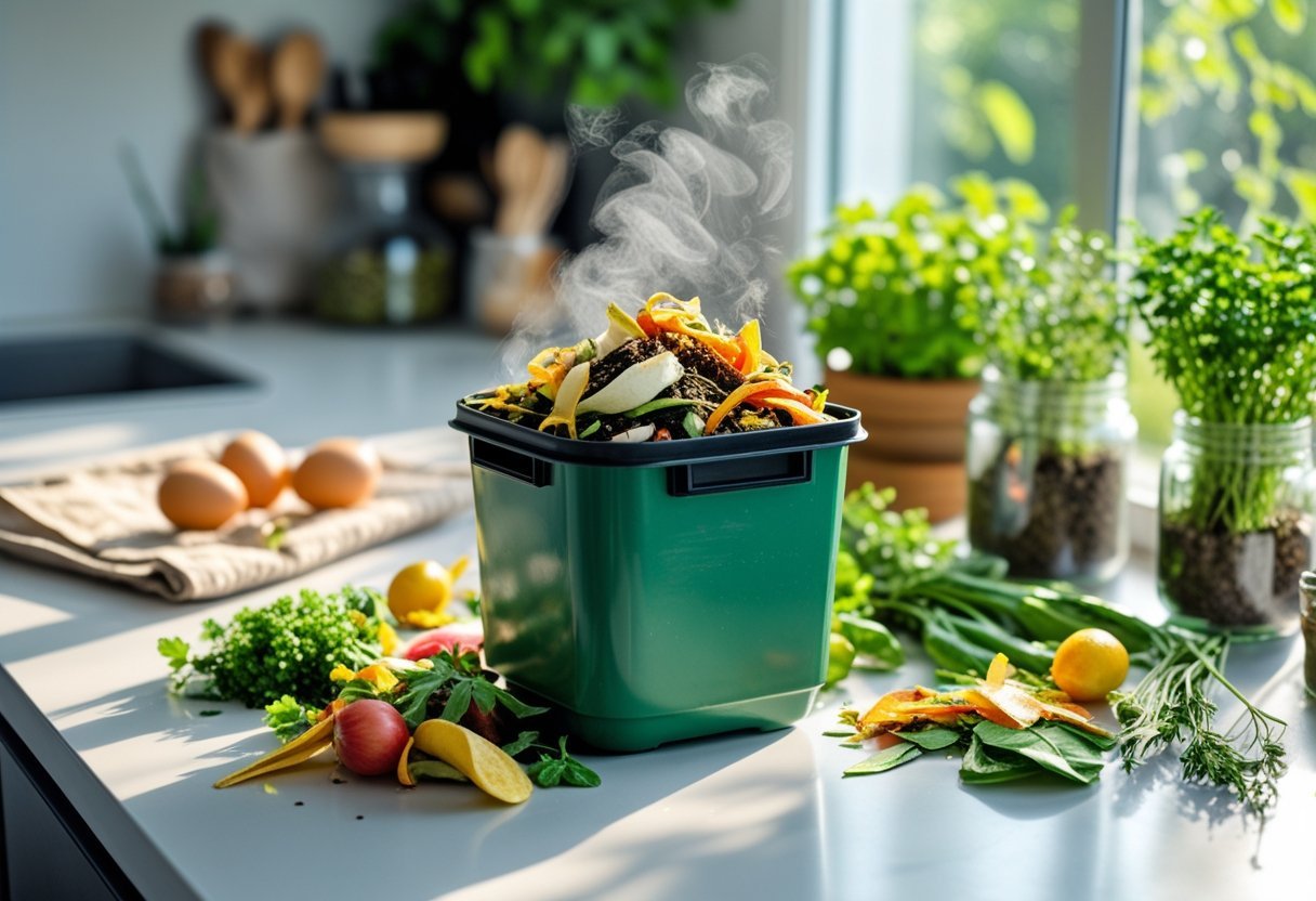 A kitchen countertop with a compost bin filled with vegetable scraps and fresh plants nearby, showing a home composting setup.