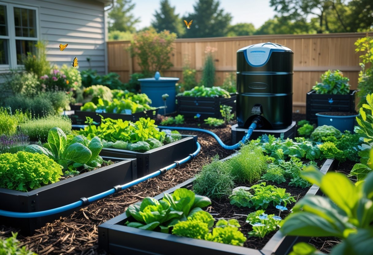 A garden with rainwater collection barrels, raised beds of vegetables and flowers, compost bins, and drip irrigation tubes under a clear sky.