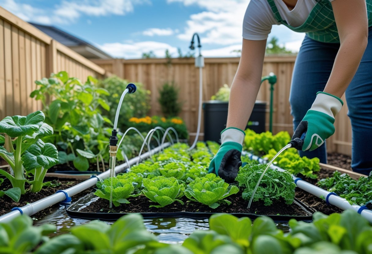 A person adjusting irrigation lines in a green garden irrigated with recycled greywater from a nearby system.