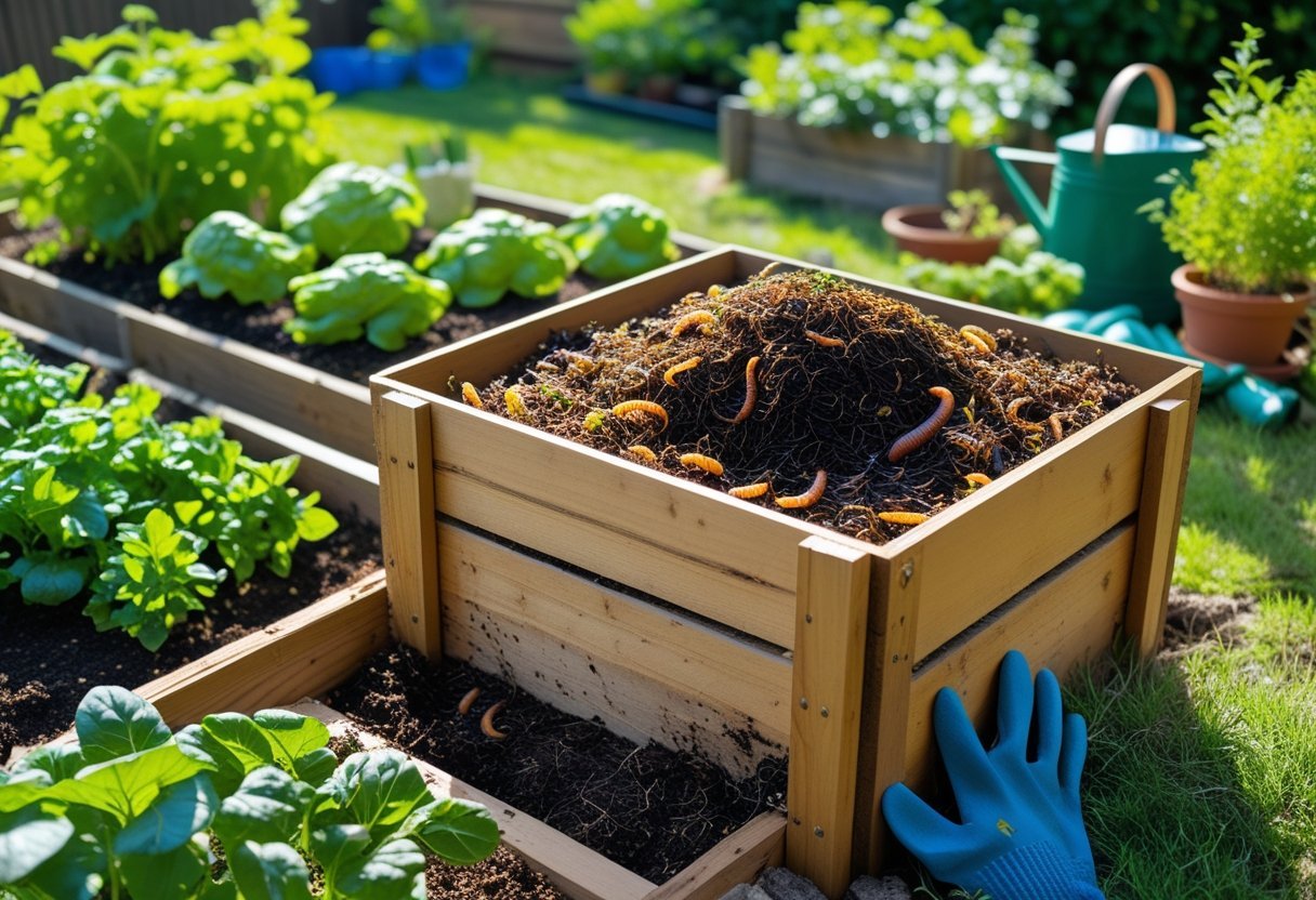 A backyard worm compost bin filled with soil and vegetable scraps next to thriving garden plants and gardening tools in a sunny garden.