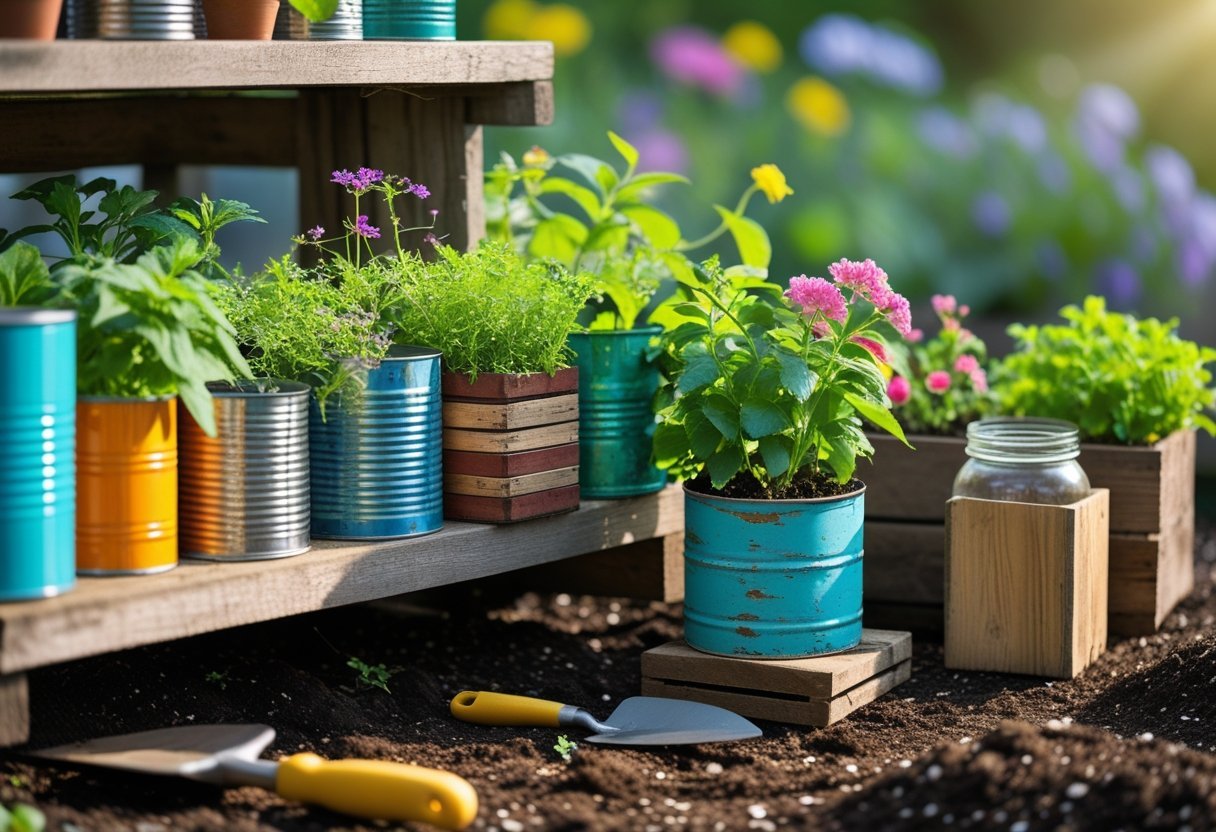 A small garden with old containers like cans, crates, and jars used as planters holding green plants and flowers.