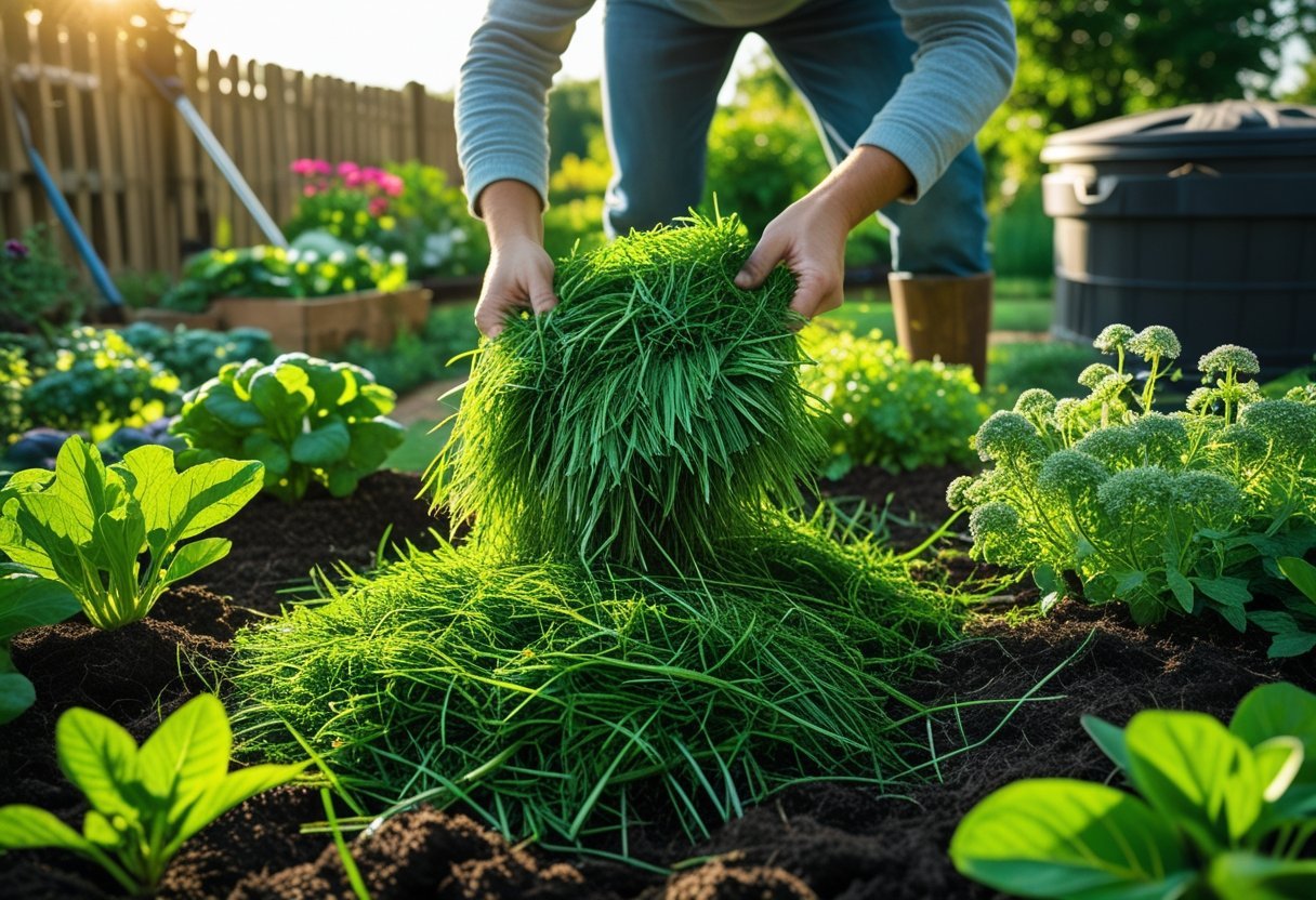 Hands spreading fresh grass clippings as mulch around plants in a garden bed.