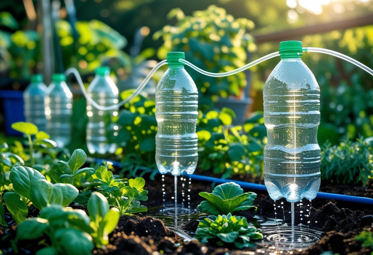 A garden with repurposed plastic bottles used as a drip irrigation system watering green plants and soil.