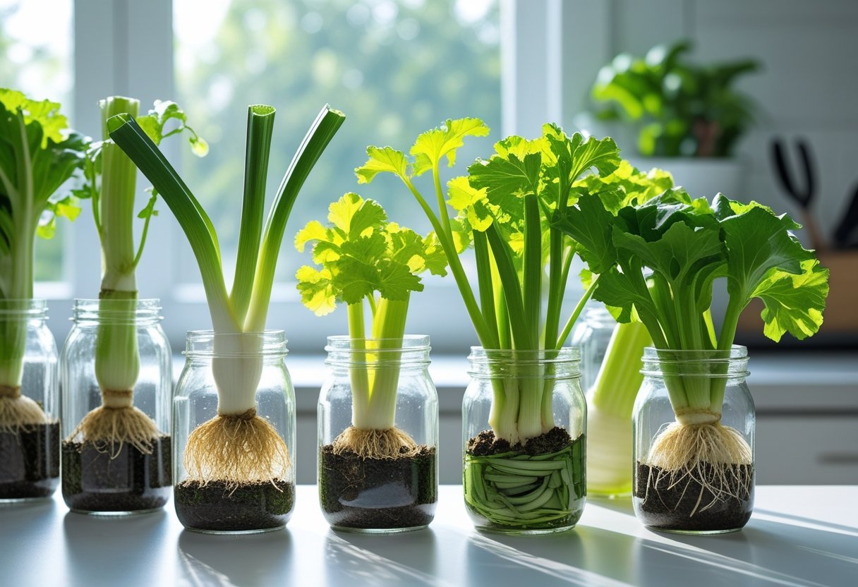 Various vegetable scraps like green onions and celery regrowing new leaves in jars and pots on a kitchen counter with sunlight.