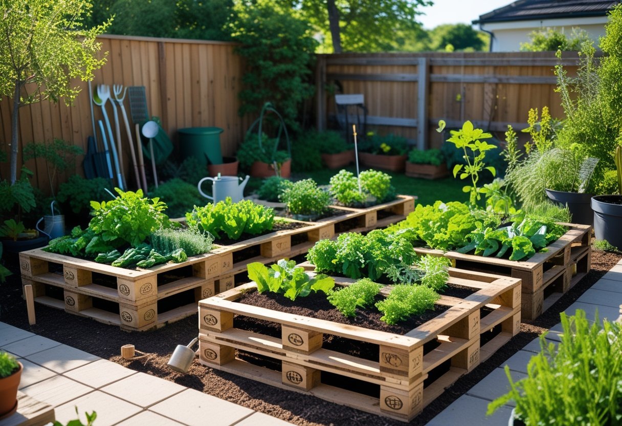 A backyard garden with wooden pallets used as raised garden beds filled with green plants and soil.
