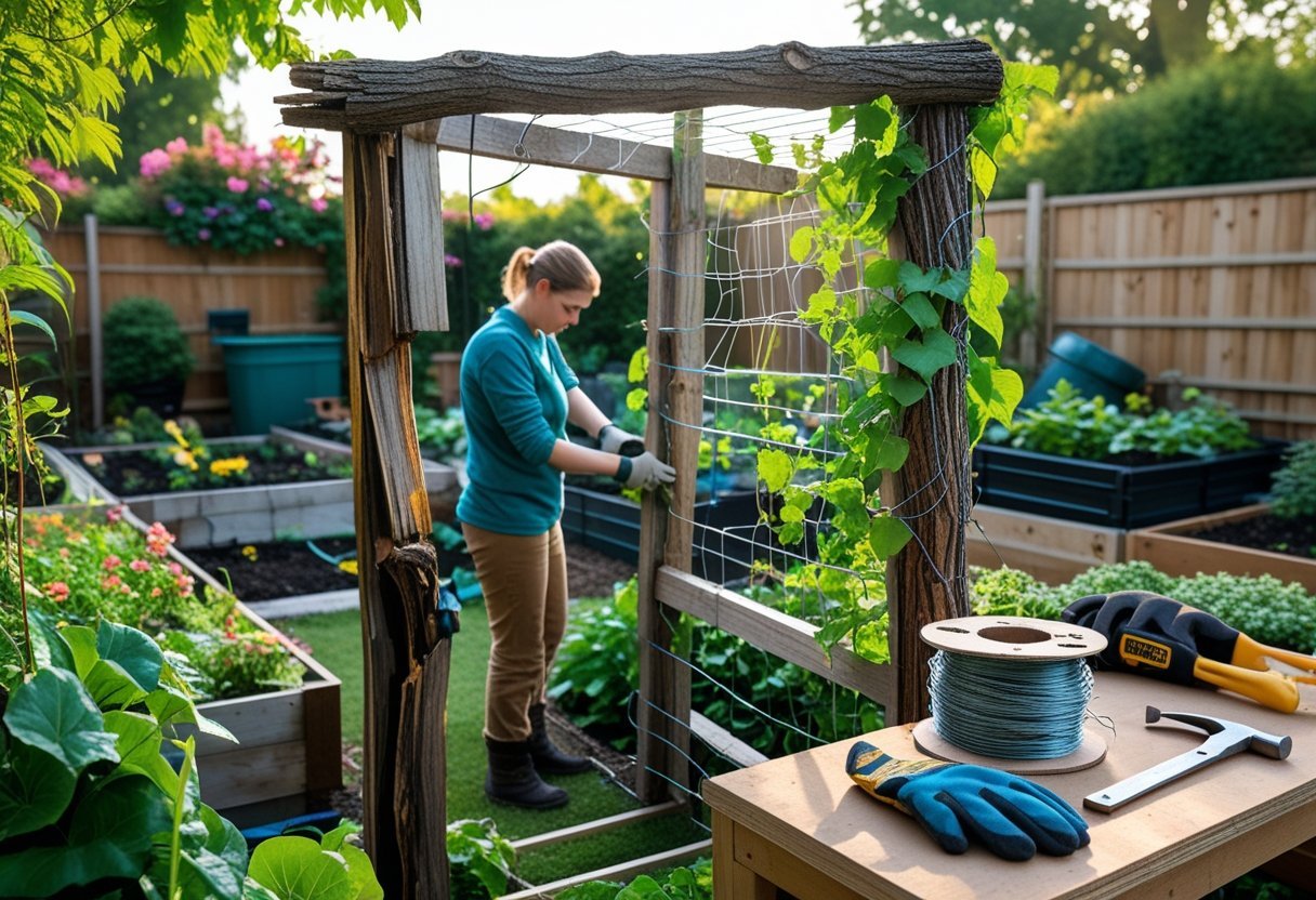 A person building a garden trellis from old wooden planks and branches surrounded by green plants and gardening tools in a backyard garden.