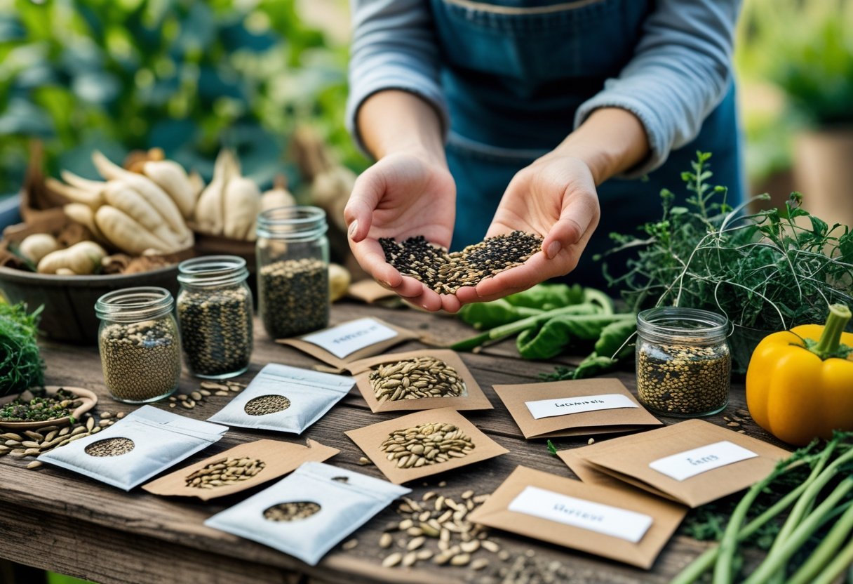 Hands saving seeds from dried vegetable pods on a wooden table with jars, seed packets, and garden vegetables nearby.