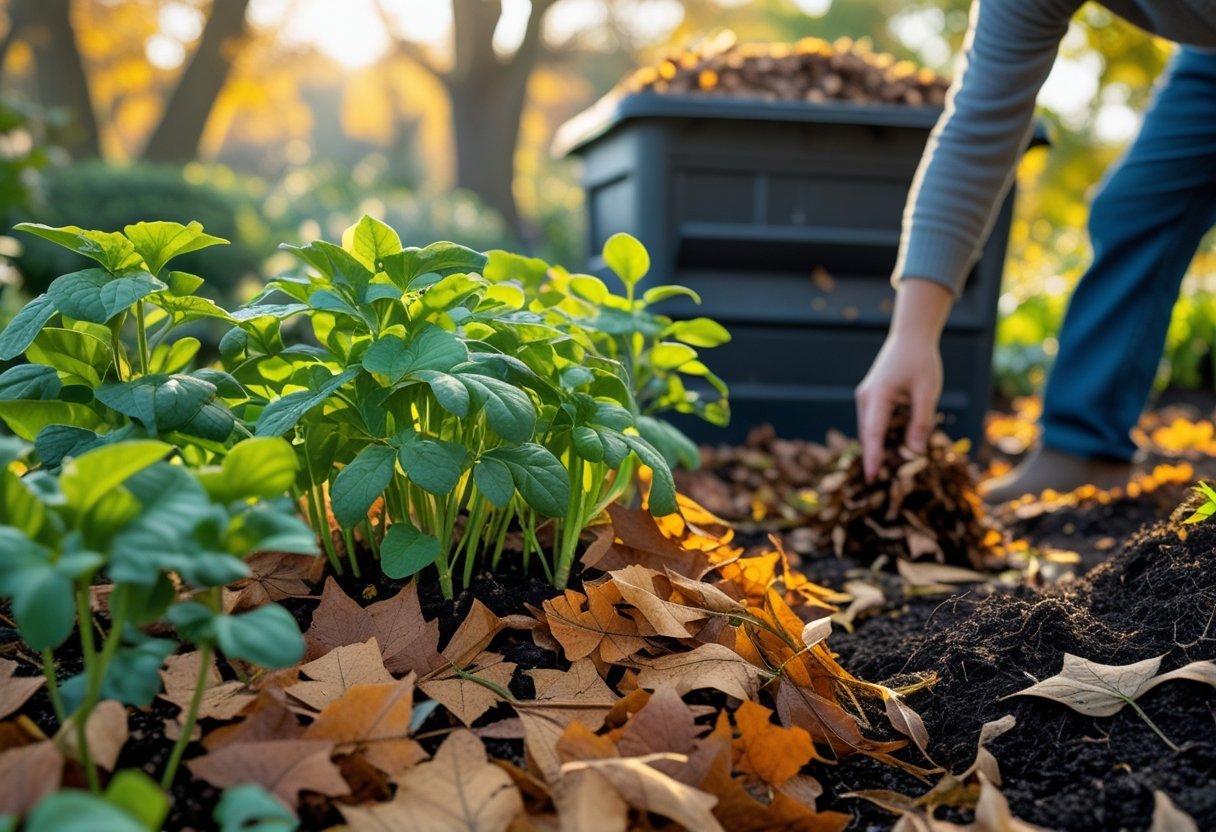 Hands spreading dry leaves around plants in a garden with a compost bin in the background.