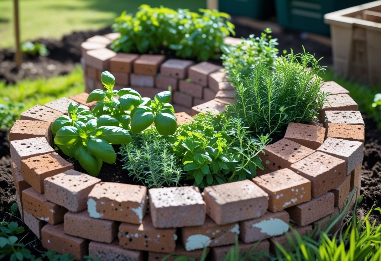 A spiral garden made of recycled bricks filled with various fresh herbs growing outdoors in a sunny backyard.