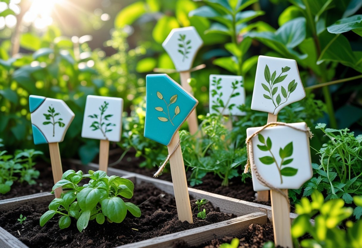 A garden with handmade plant markers made from broken tiles and wooden sticks placed in soil among green plants.