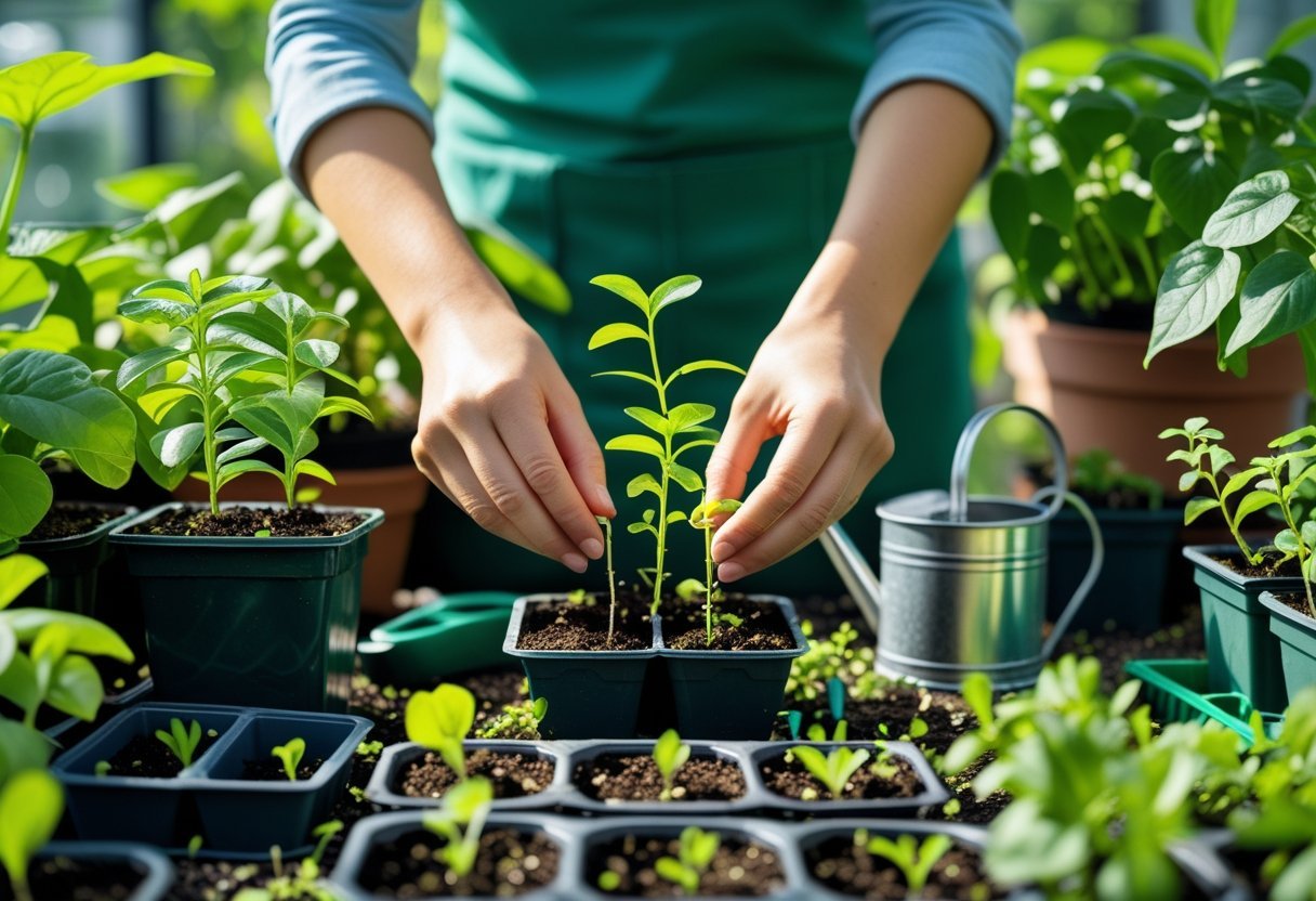 Hands planting green plant cuttings into pots with soil surrounded by gardening tools and healthy plants.