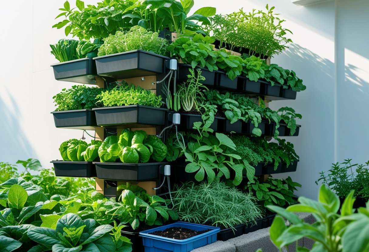 A vertical garden with multiple tiers of leafy vegetables, herbs, and small fruiting plants growing in sustainable planters with irrigation and compost bins.