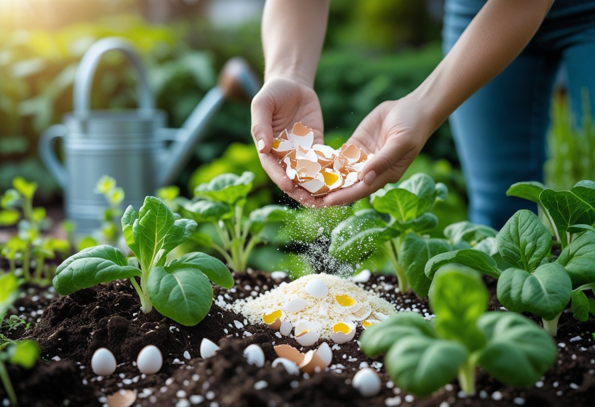 Hands sprinkling crushed eggshells around vegetable plants growing in a garden bed.