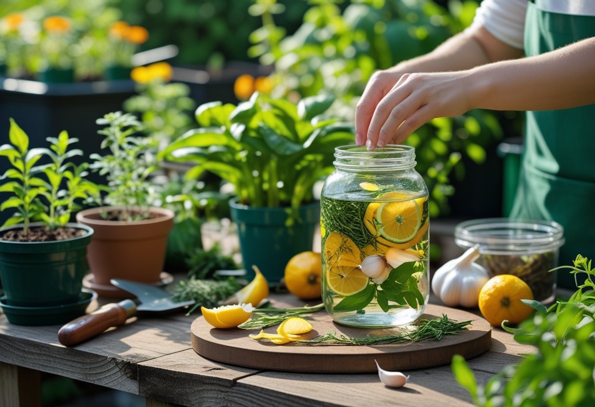 Person preparing natural pest repellent from vegetable scraps in a garden with plants and gardening tools nearby.