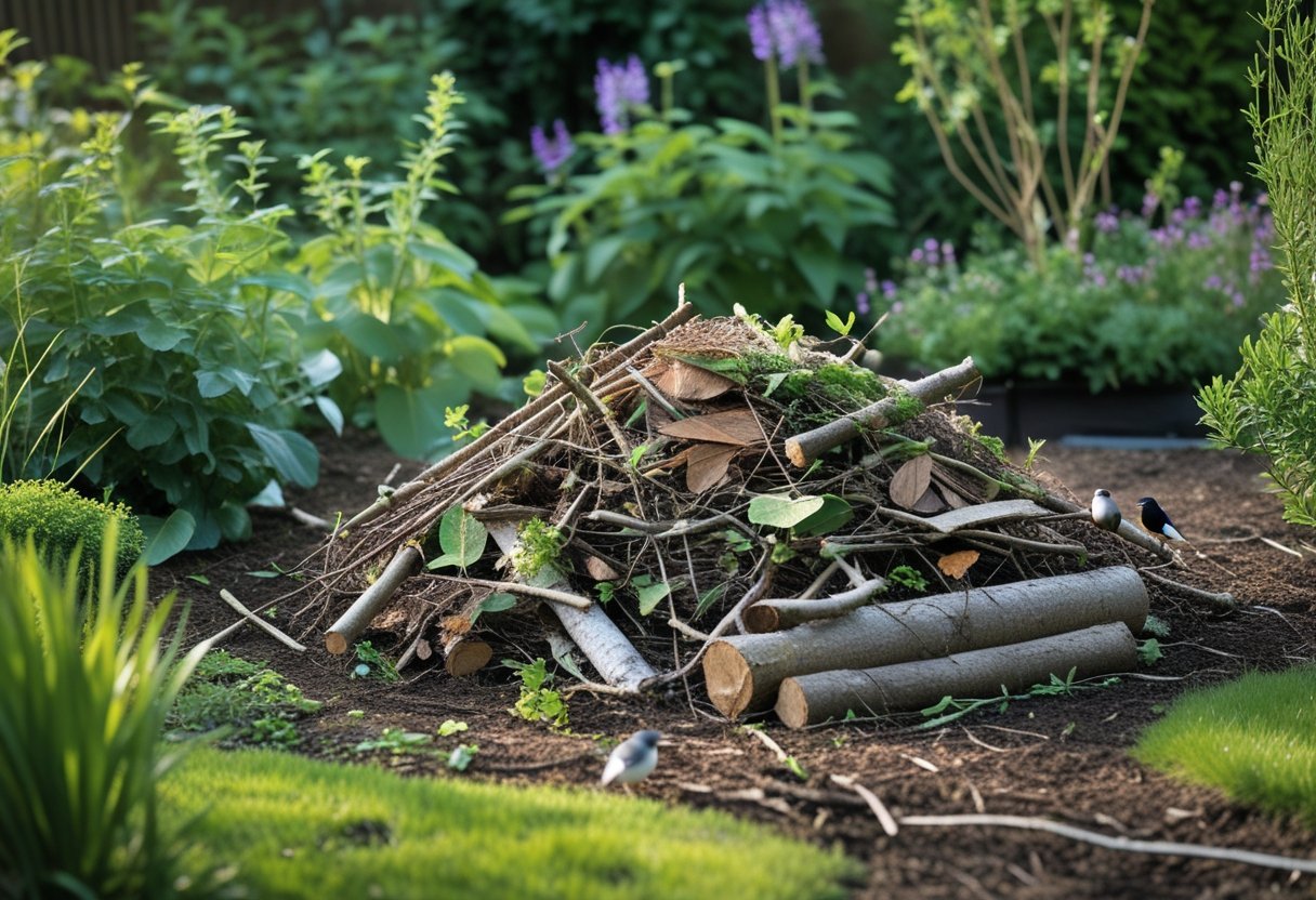 A garden scene showing a pile of branches, leaves, and logs arranged to create a small wildlife habitat surrounded by green plants and flowers.