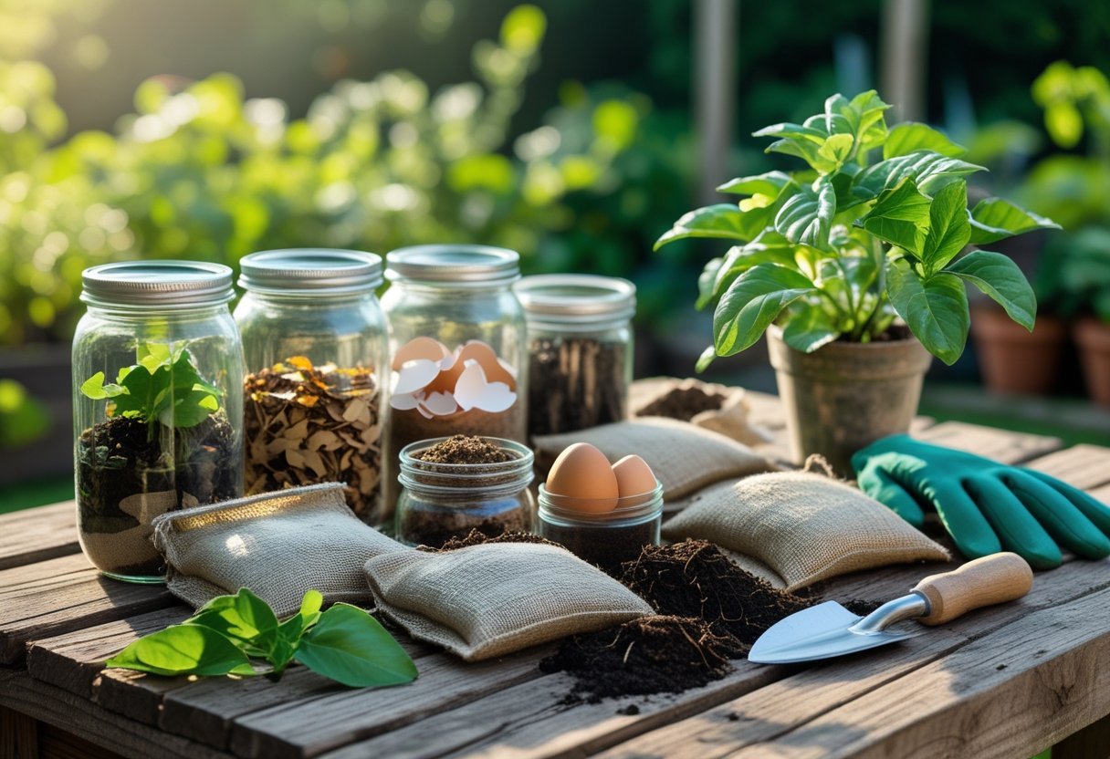 A wooden table outdoors with jars and sacks of homemade fertilizers, gardening tools, and a potted plant surrounded by greenery.