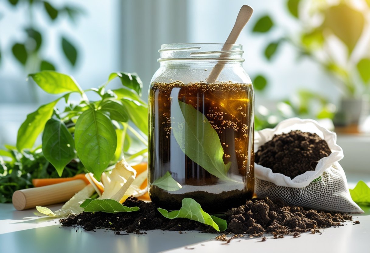 A jar of homemade compost tea fertilizer surrounded by green leaves, vegetable scraps, and compost on a bright kitchen counter.