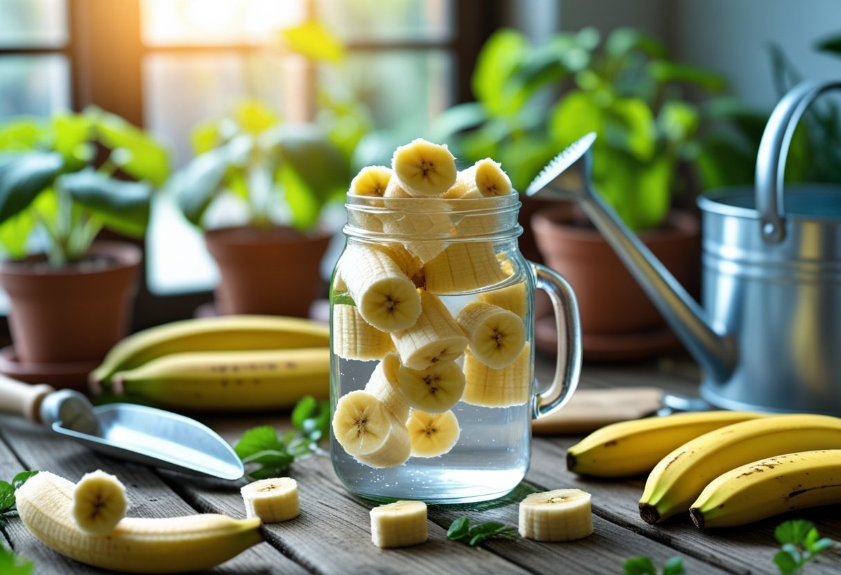 Close-up of a glass jar filled with water and chopped banana peels on a wooden table surrounded by gardening tools and green plants.
