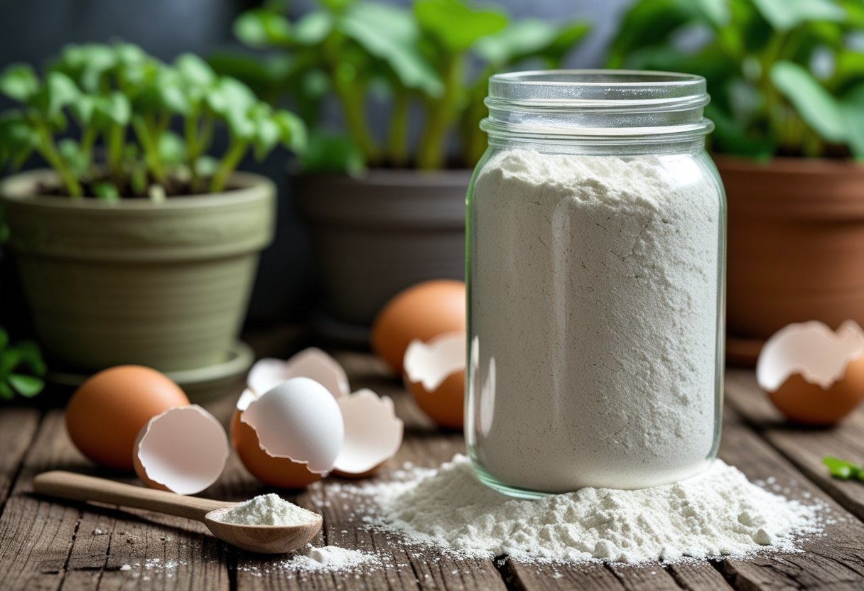 A jar of eggshell powder with cracked eggshells and plants on a wooden table.