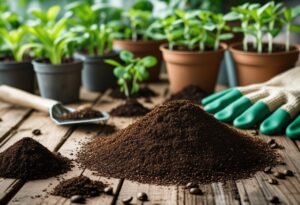 Close-up of coffee grounds and homemade fertilizer on a wooden table with gardening tools and green plants in the background.