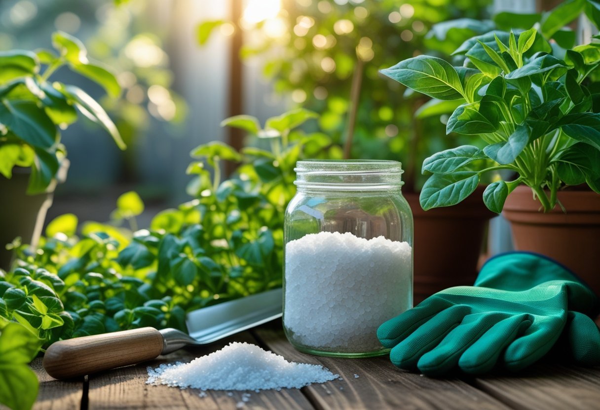 A jar of clear liquid with Epsom salt crystals on a wooden table surrounded by green plants and gardening tools.