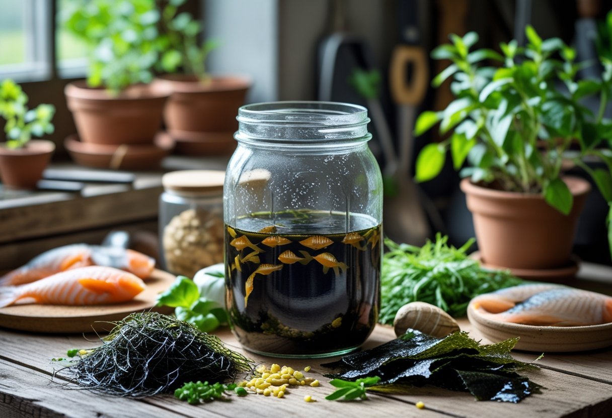 A glass jar of homemade fish emulsion fertilizer on a wooden table surrounded by fresh fish parts, seaweed, herbs, and gardening tools.