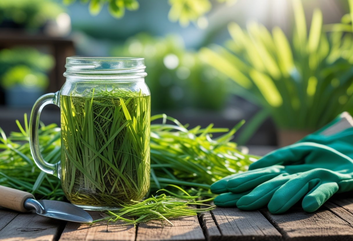 A jar of homemade fertilizer made from grass clippings tea on a wooden table with grass clippings and gardening tools, with a garden background.