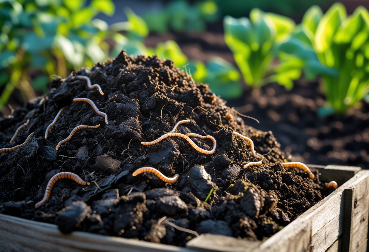 Close-up of dark homemade manure compost in a garden setting with plants and soil in the background.
