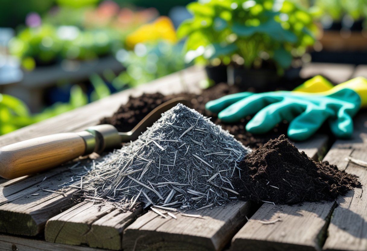 A pile of wood ash and soil on a wooden table with gardening tools and green plants in the background.