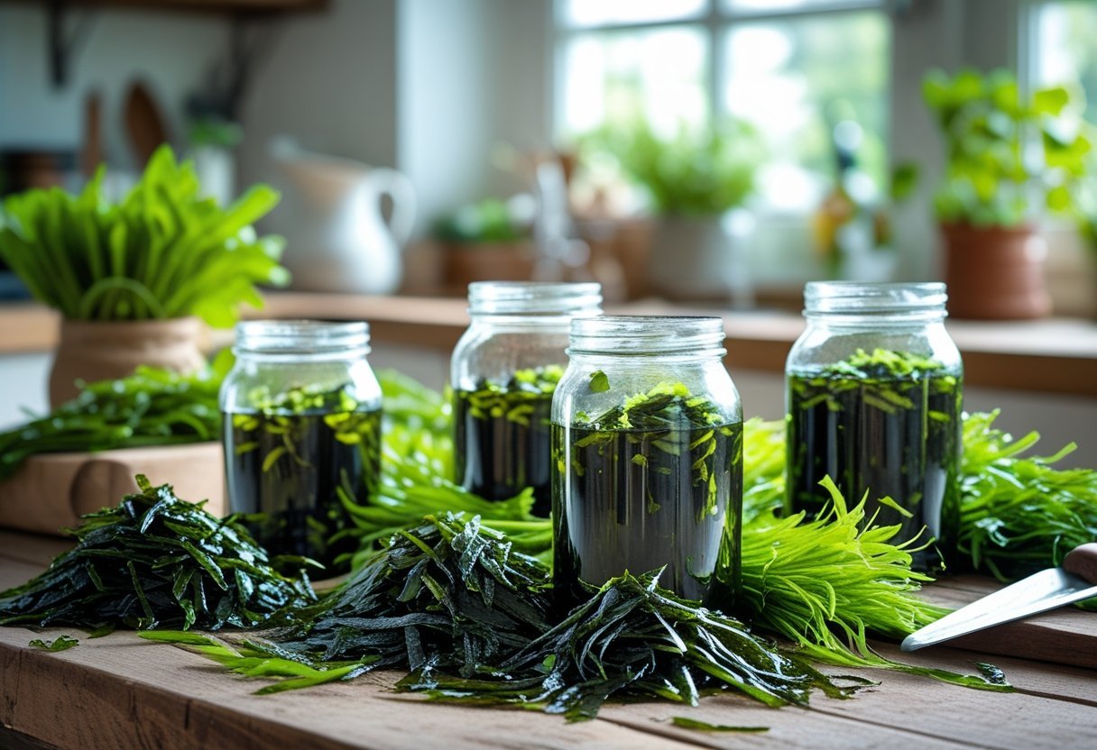 Jars and bottles of dark green seaweed extract homemade fertilizer on a wooden table with fresh seaweed and gardening tools nearby.