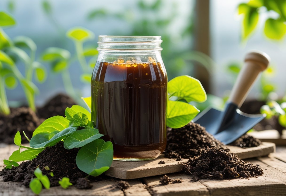 A jar of dark molasses mixture on a wooden table surrounded by gardening tools, green leaves, and soil.