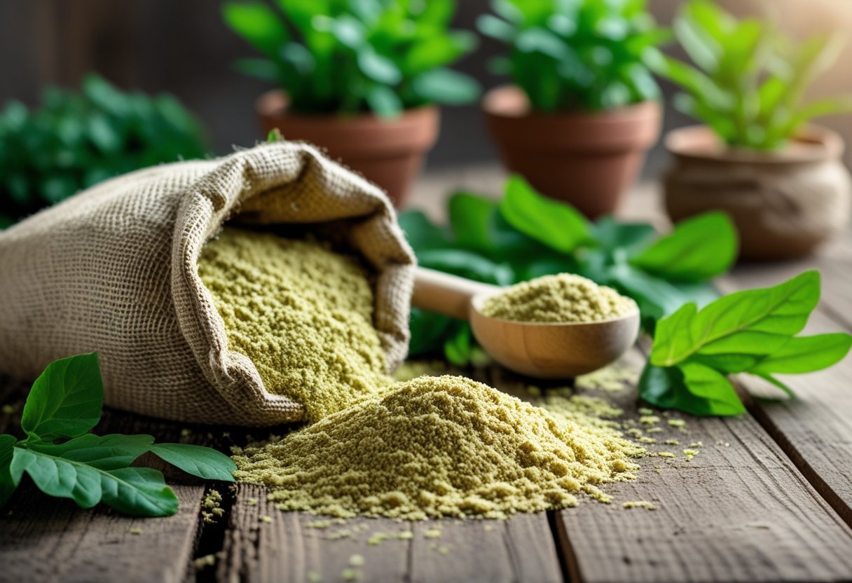 A burlap sack spilling alfalfa meal fertilizer on a wooden table surrounded by fresh alfalfa leaves, a wooden scoop, and small potted plants.