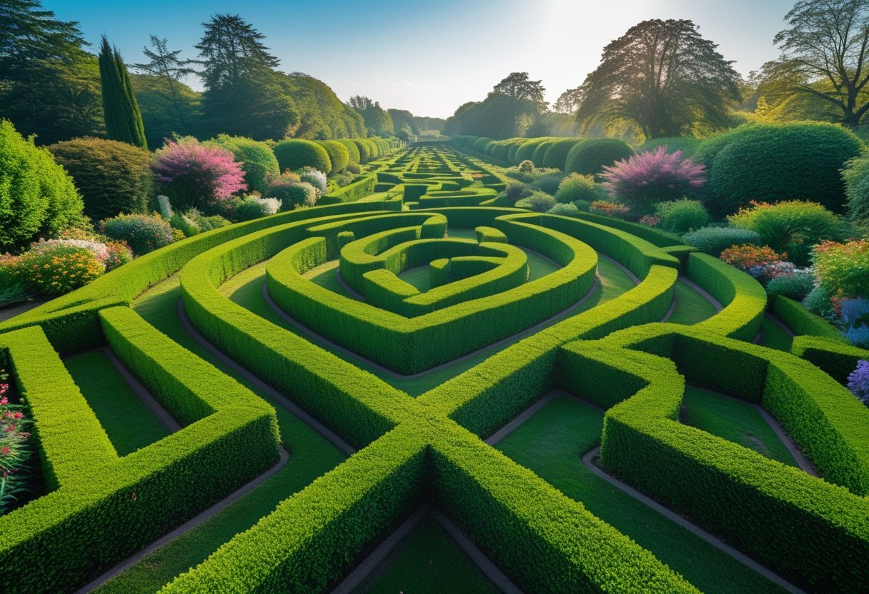 An aerial view of a large green botanical maze with winding paths surrounded by colorful flowers and trees under a clear sky.