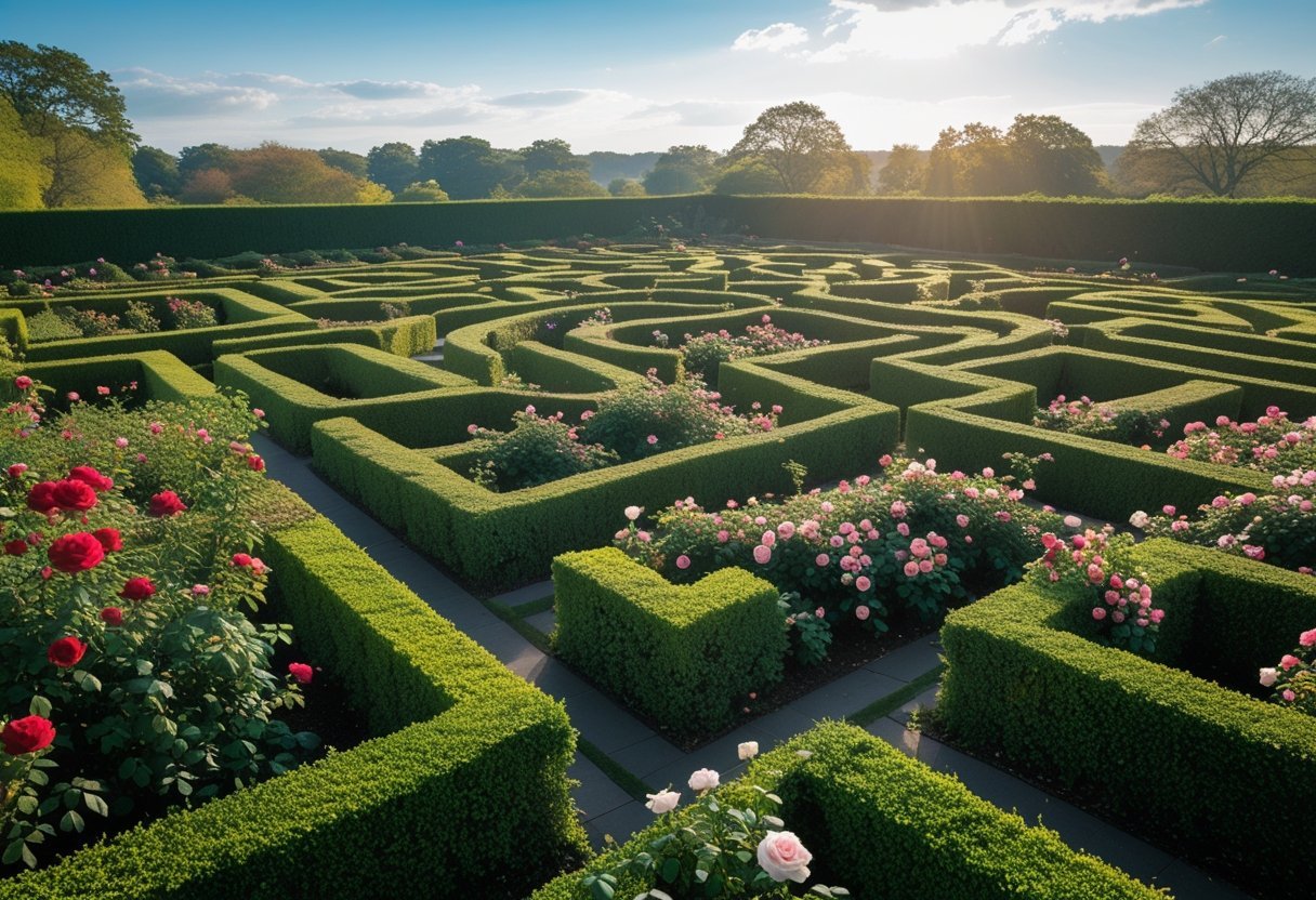 An aerial view of a large rose garden maze with winding pathways and blooming roses under a clear sky.