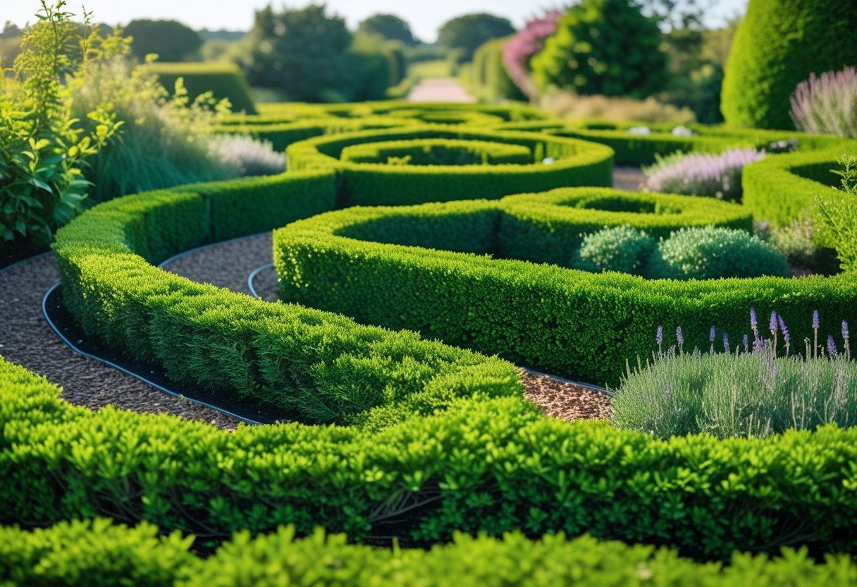 A green herb garden maze with neatly trimmed hedges and winding pathways under a clear sky.