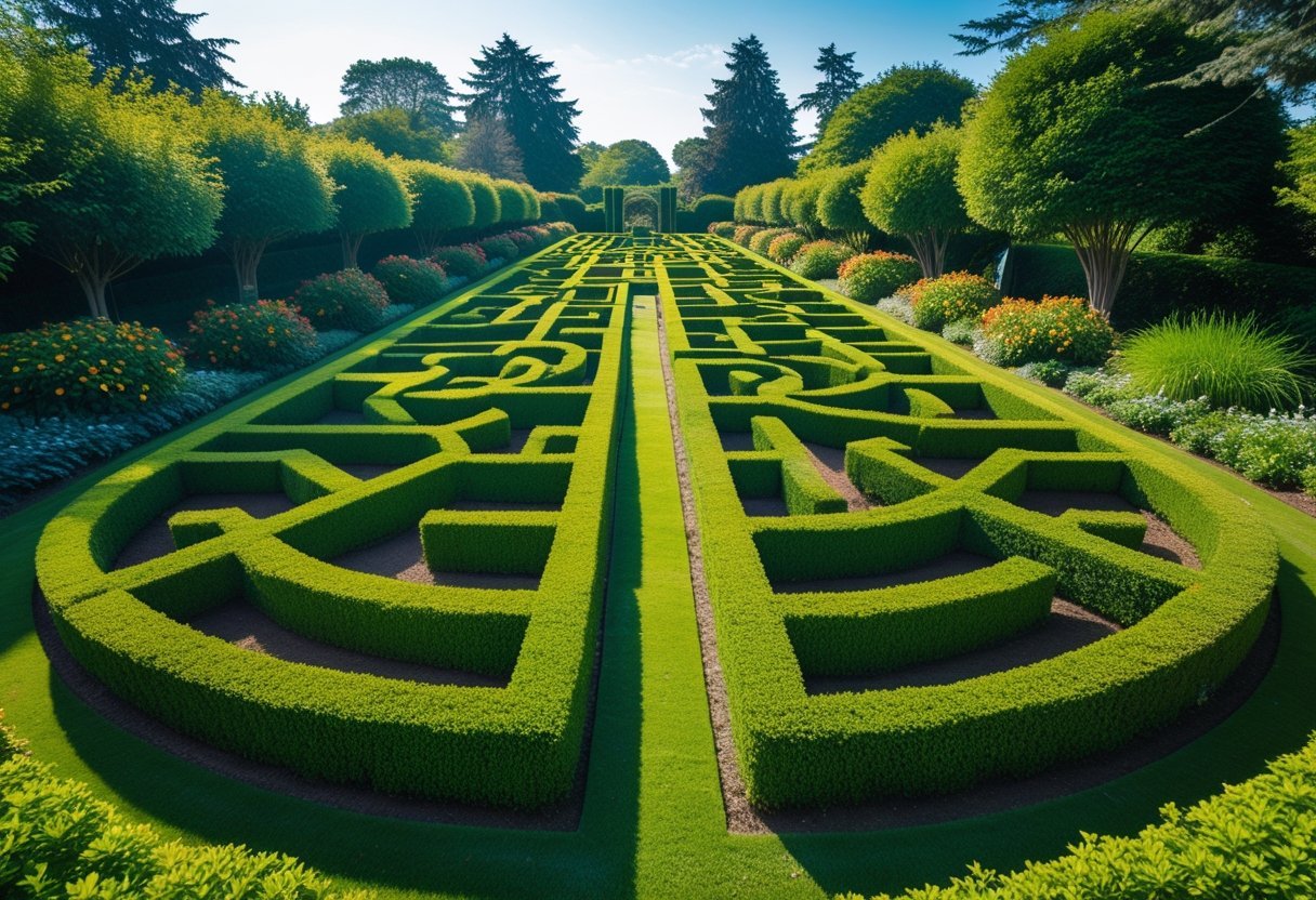 A large, intricate topiary maze with green hedges and pathways surrounded by trees and flowers under a clear sky.