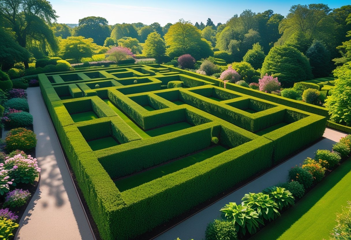 An aerial view of a large, green hedge maze surrounded by flowering plants and trees in a botanical garden.