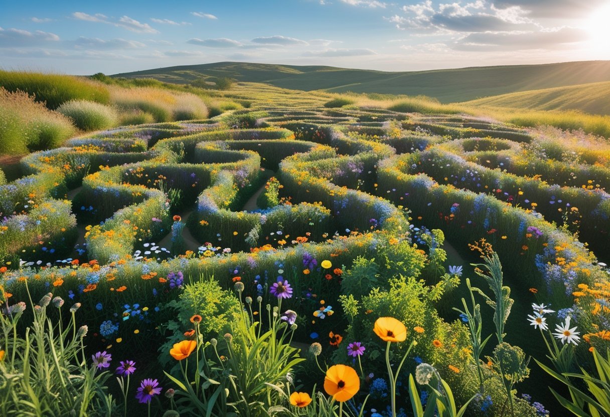 A colorful wildflower maze with winding paths surrounded by blooming flowers under a clear blue sky.