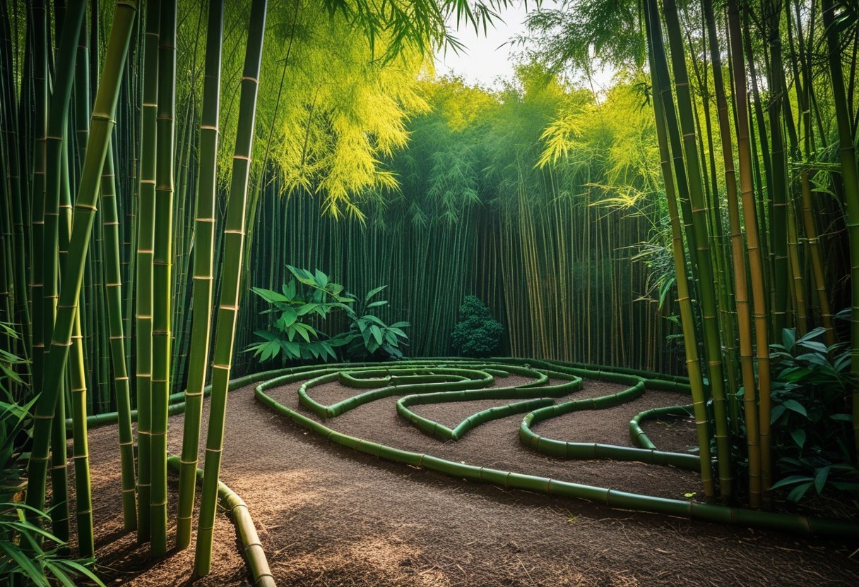 A dense bamboo maze with tall green stalks forming winding pathways in a botanical garden under soft sunlight.