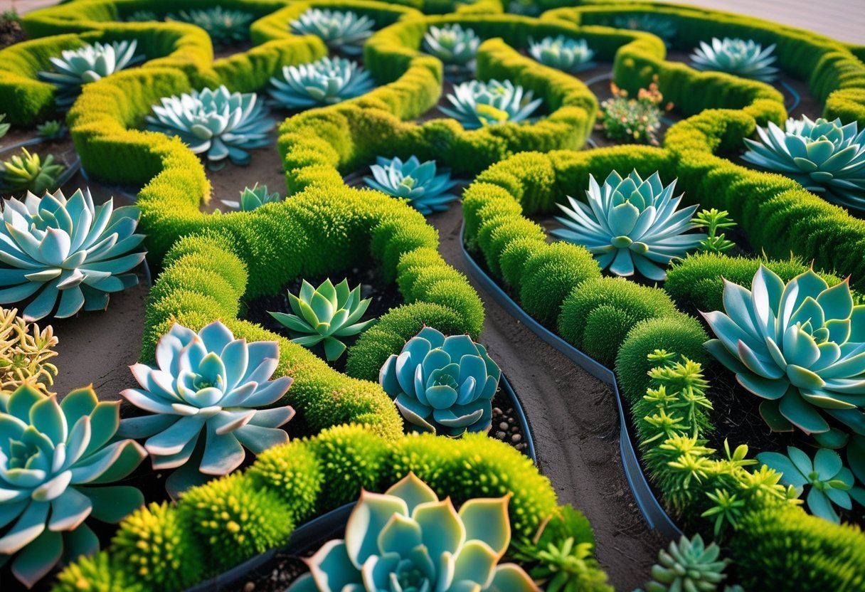 A botanical maze composed of various succulent plants arranged in intricate pathways viewed from above.