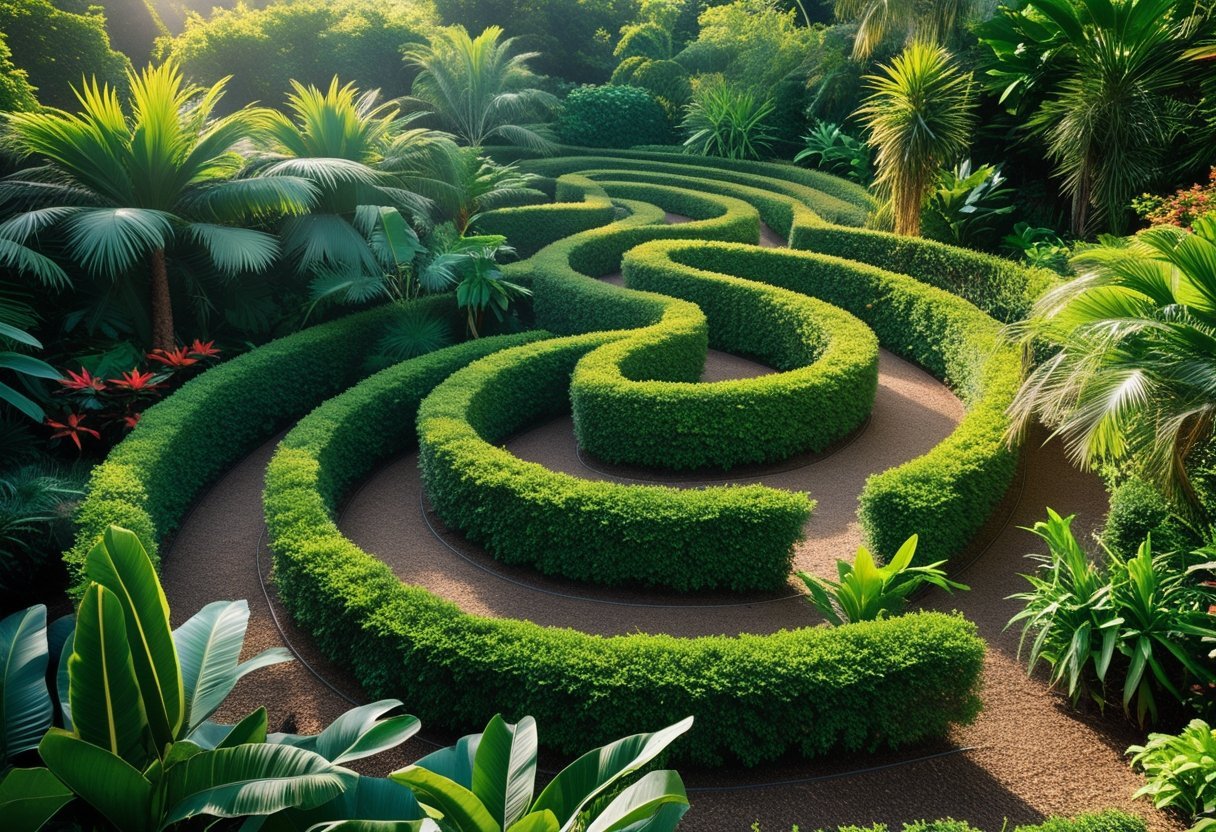 A tropical garden maze with winding green pathways surrounded by dense tropical plants and colorful flowers.