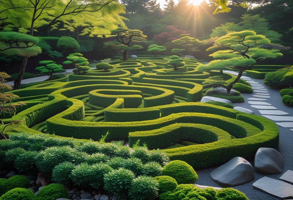 A peaceful Japanese Zen botanical maze with green hedges, stone pathways, bonsai trees, and sunlight filtering through maple trees.