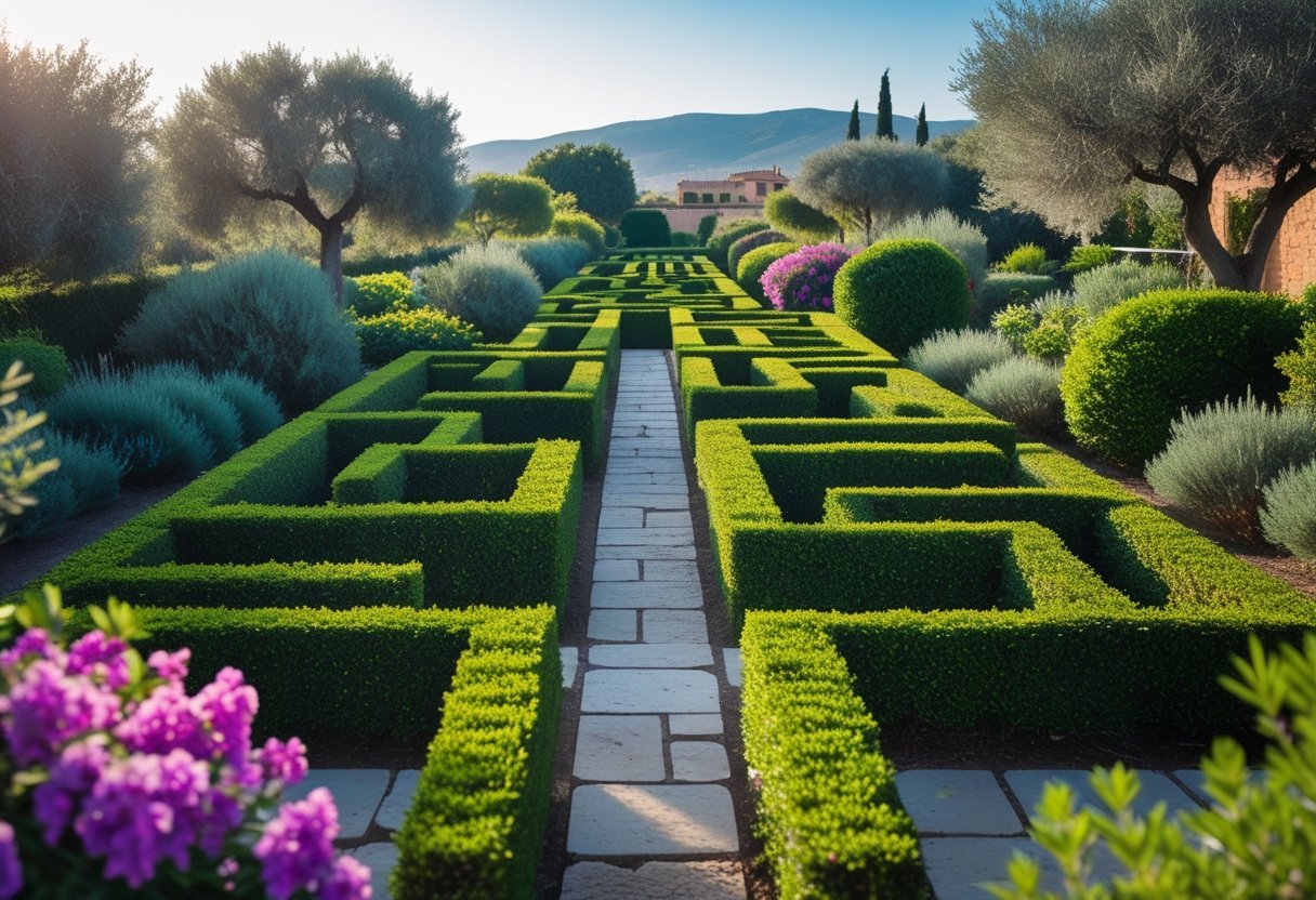 A Mediterranean garden maze with green hedges, colorful flowers, olive trees, and stone pathways under a clear blue sky.