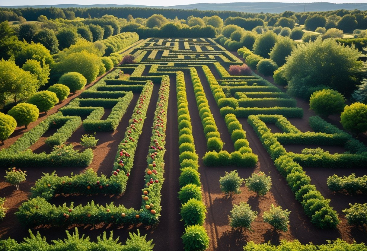 Aerial view of a large fruit orchard maze with winding paths formed by rows of fruit trees full of ripe apples, pears, and cherries under a clear blue sky.
