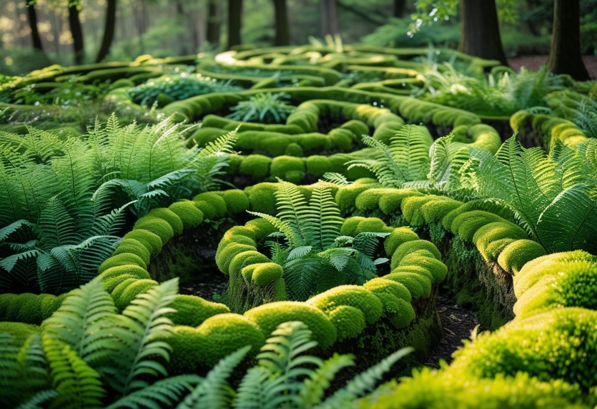 A detailed botanical maze made of green ferns and moss with winding pathways surrounded by dense foliage.